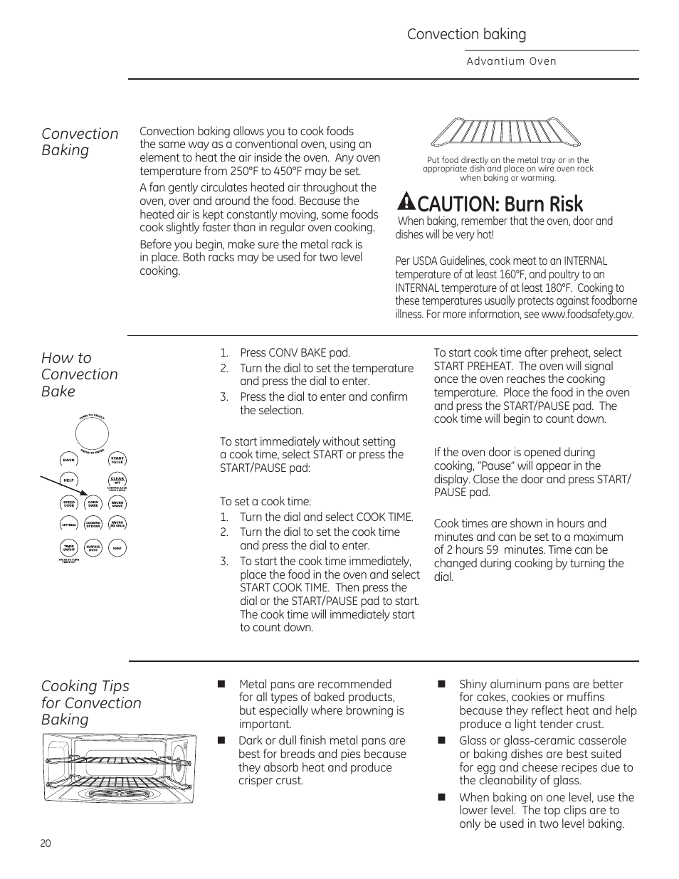 Convection baking, Acaution: burn risk, Ution: burn risk | How to, Convection bake, Cooking tips for convection baking | GE ZSA2201RSS User Manual | Page 20 / 80