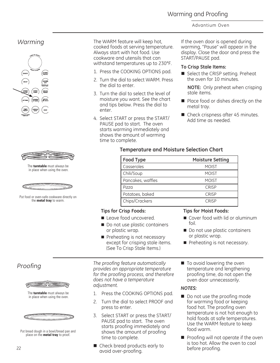 Warming, Warming and proofing, Proofing | Advantium oven, Нн) (5) iо | GE ZSA2201RSS User Manual | Page 22 / 80