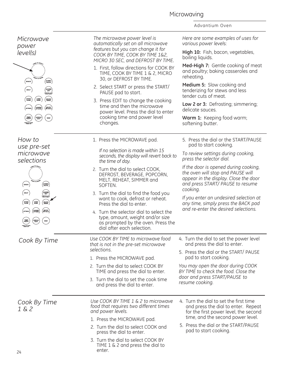 Microwaving, Microwave power level(s), How to use pre-set microwave seiections | Cook by time, Advantium oven | GE ZSA2201RSS User Manual | Page 24 / 80