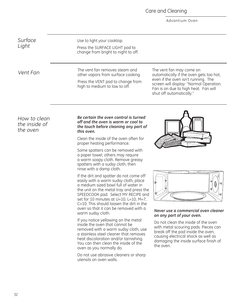 Surface, Light, Vent fan | Саге and cleaning, Surface light vent fan, Haw ta clean the inside af the aven | GE ZSA2201RSS User Manual | Page 32 / 80