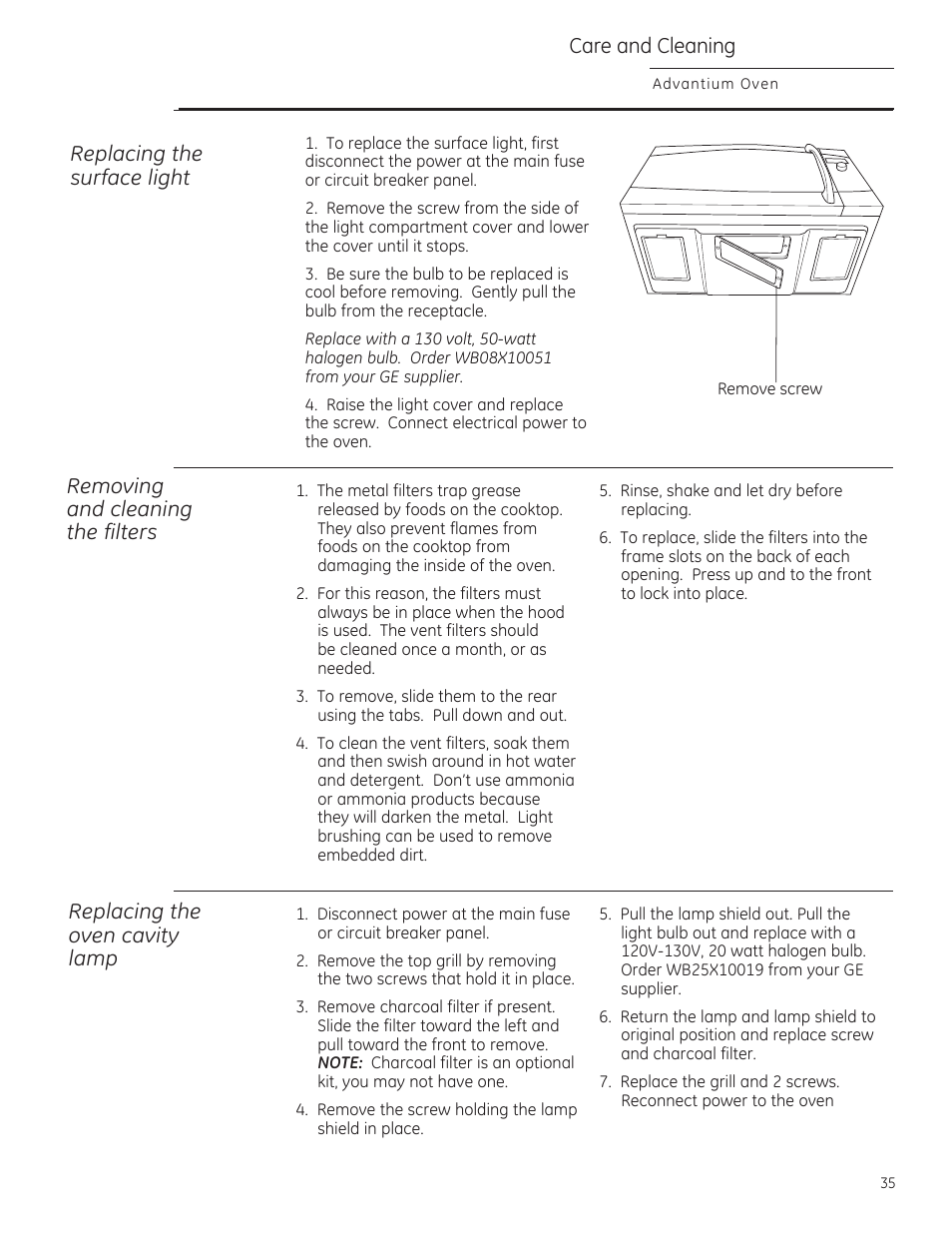 Саге and cleaning, Replacing the surface light, Remaving and cleaning the filters | Replacing the aven cavity lamp | GE ZSA2201RSS User Manual | Page 35 / 80