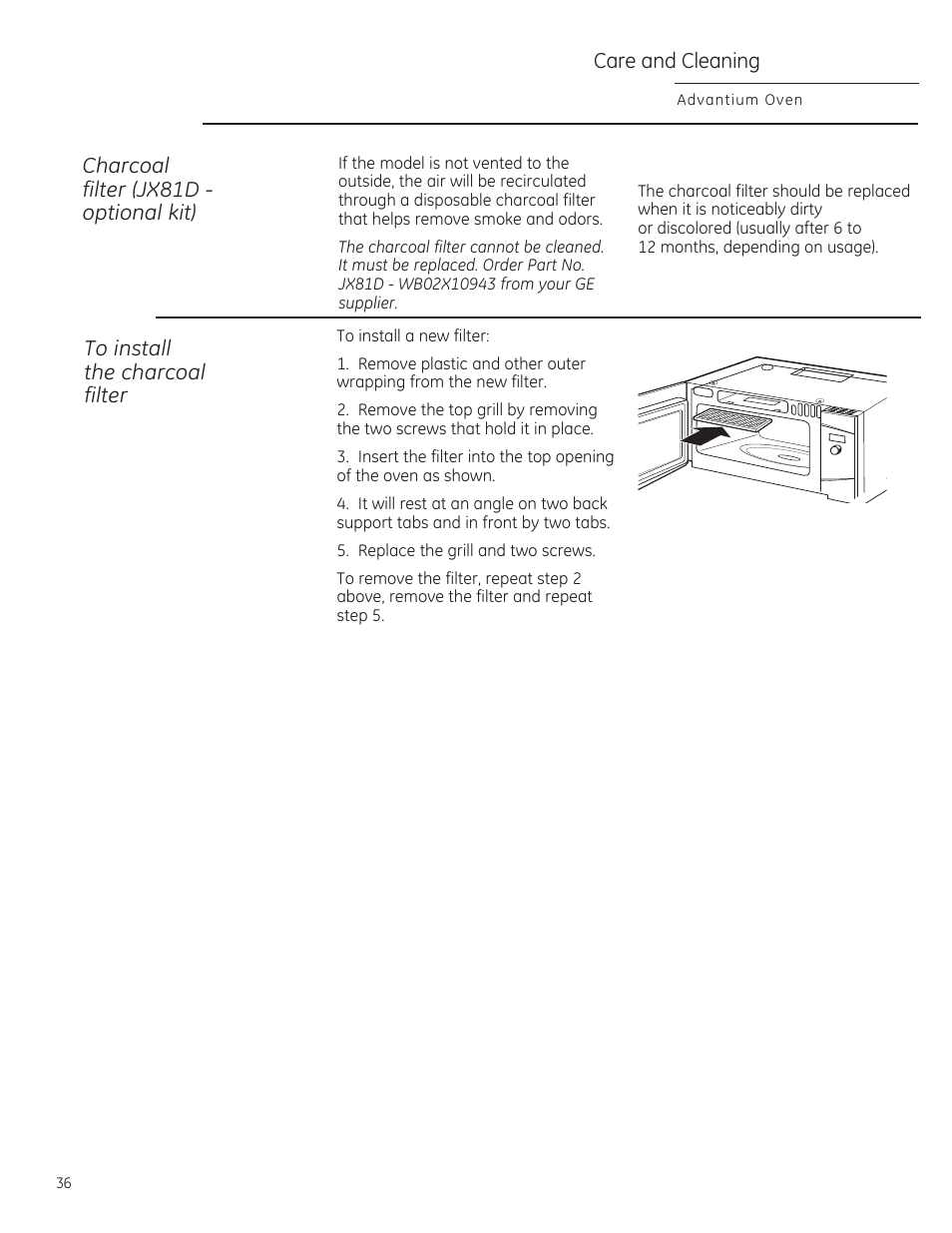 Саге and cleaning, Charcoal filter (jx81d optional kit) | GE ZSA2201RSS User Manual | Page 36 / 80