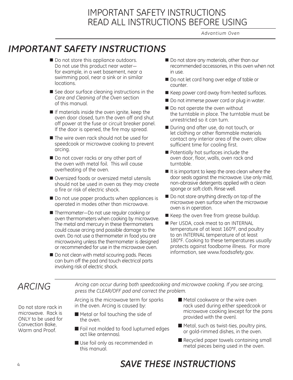 Important safety instructions, Save these instructions, Arcing | GE ZSA2201RSS User Manual | Page 4 / 80