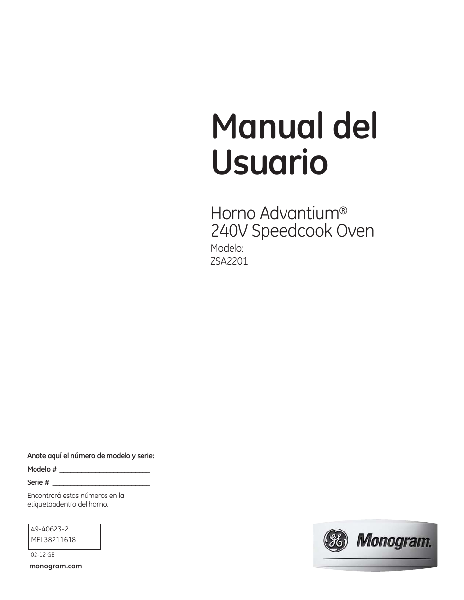 Manual del usuario, Horno advontium® 240v speedcook oven, Modelo | GE ZSA2201RSS User Manual | Page 41 / 80