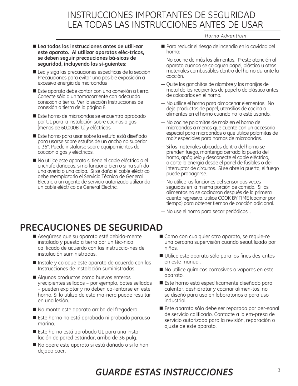 Precauciones de seguridad, Guarde estas instrucciones | GE ZSA2201RSS User Manual | Page 43 / 80