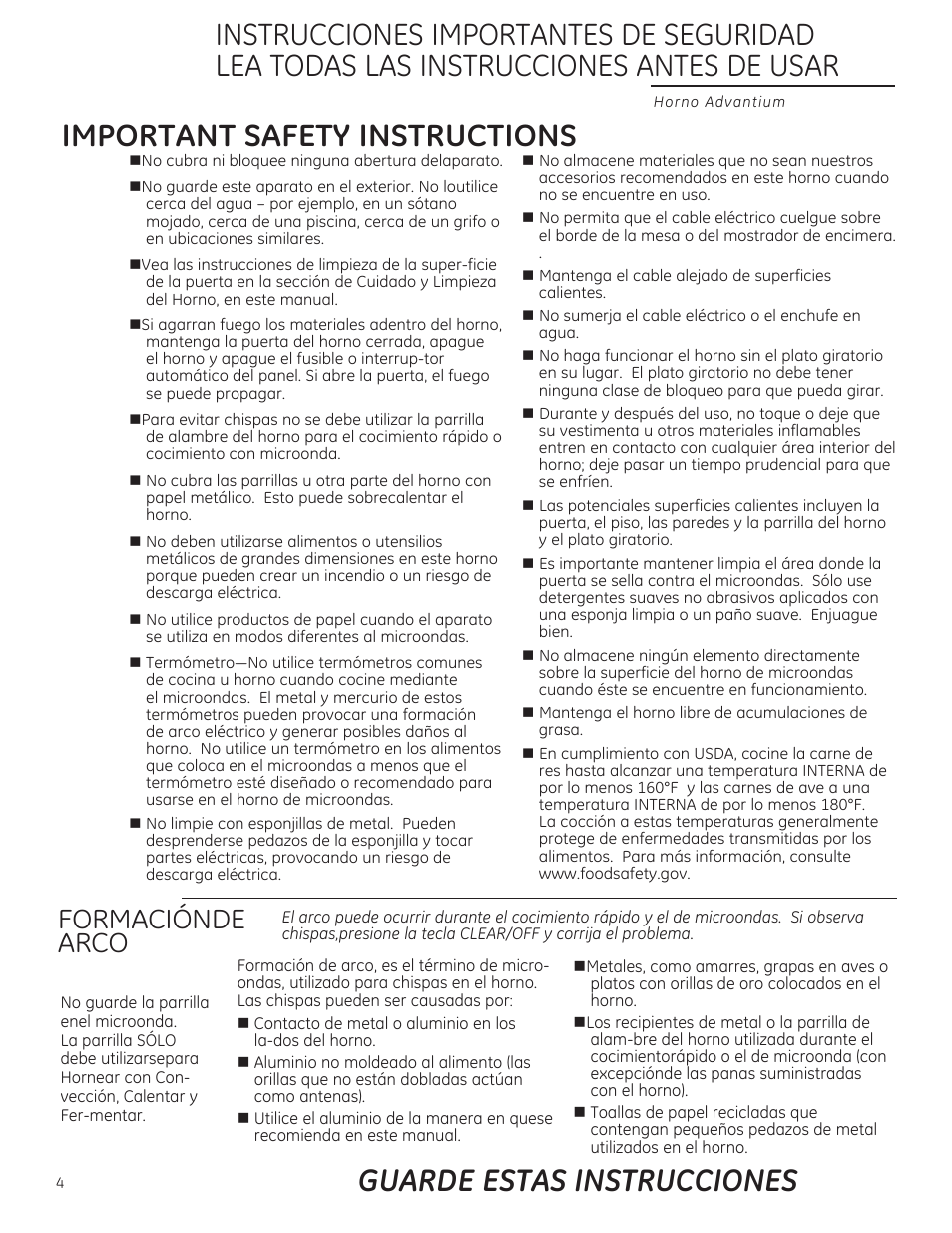 Important safety instructions, Guarde estas instrucciones, Formacionde arco | GE ZSA2201RSS User Manual | Page 44 / 80