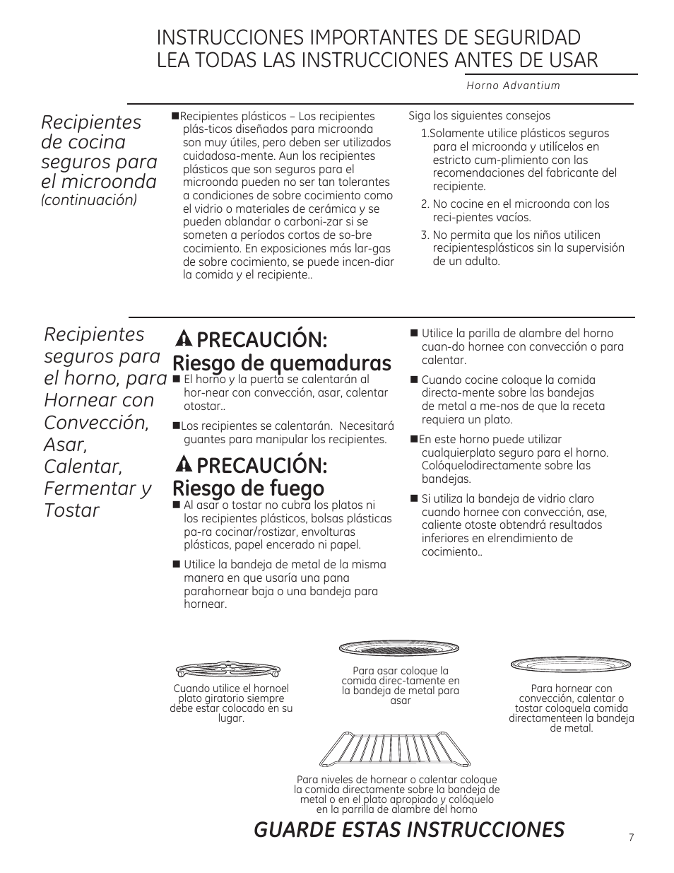 Riesgo de quemaduras, A precaución, Riesgo de fuego | Guarde estas instrucciones, Recipientes de cocino seguros poro el microonda, Recipientes, A precaución: riesgo de fuego | GE ZSA2201RSS User Manual | Page 47 / 80