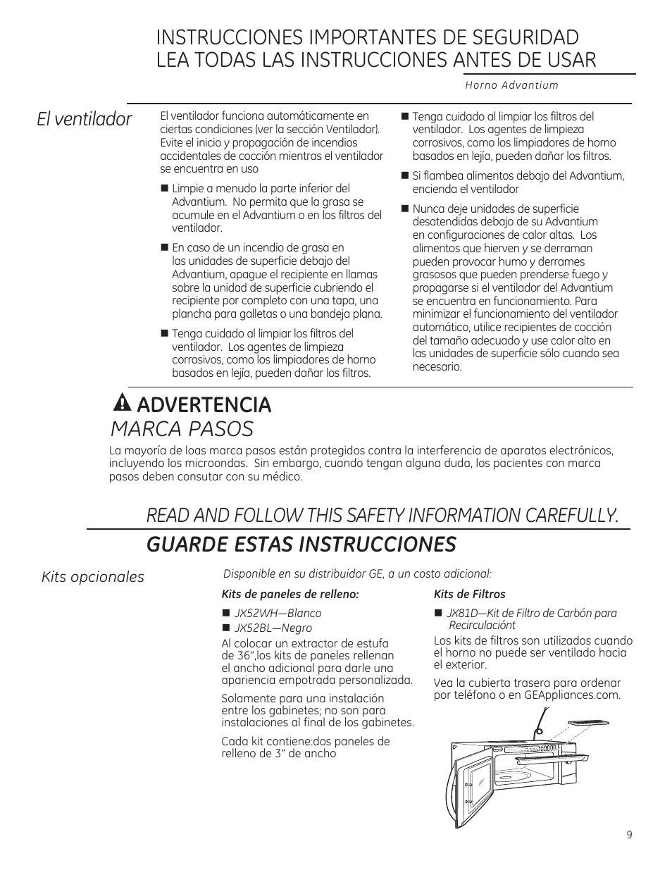 A advertencia, Kits opcionales, Kits de paneles de relleno | Guarde estas instrucciones, Marca pasos, El ventilador, Read and follow this safety information carefully | GE ZSA2201RSS User Manual | Page 49 / 80