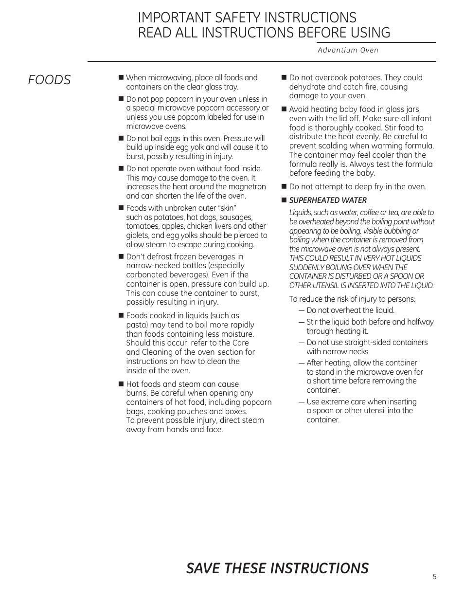 Superheated water, Save these instructions, Foods | GE ZSA2201RSS User Manual | Page 5 / 80