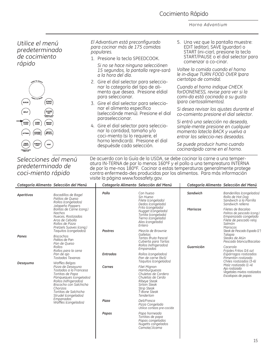 Cocimiento rápido, Horno advantium | GE ZSA2201RSS User Manual | Page 55 / 80