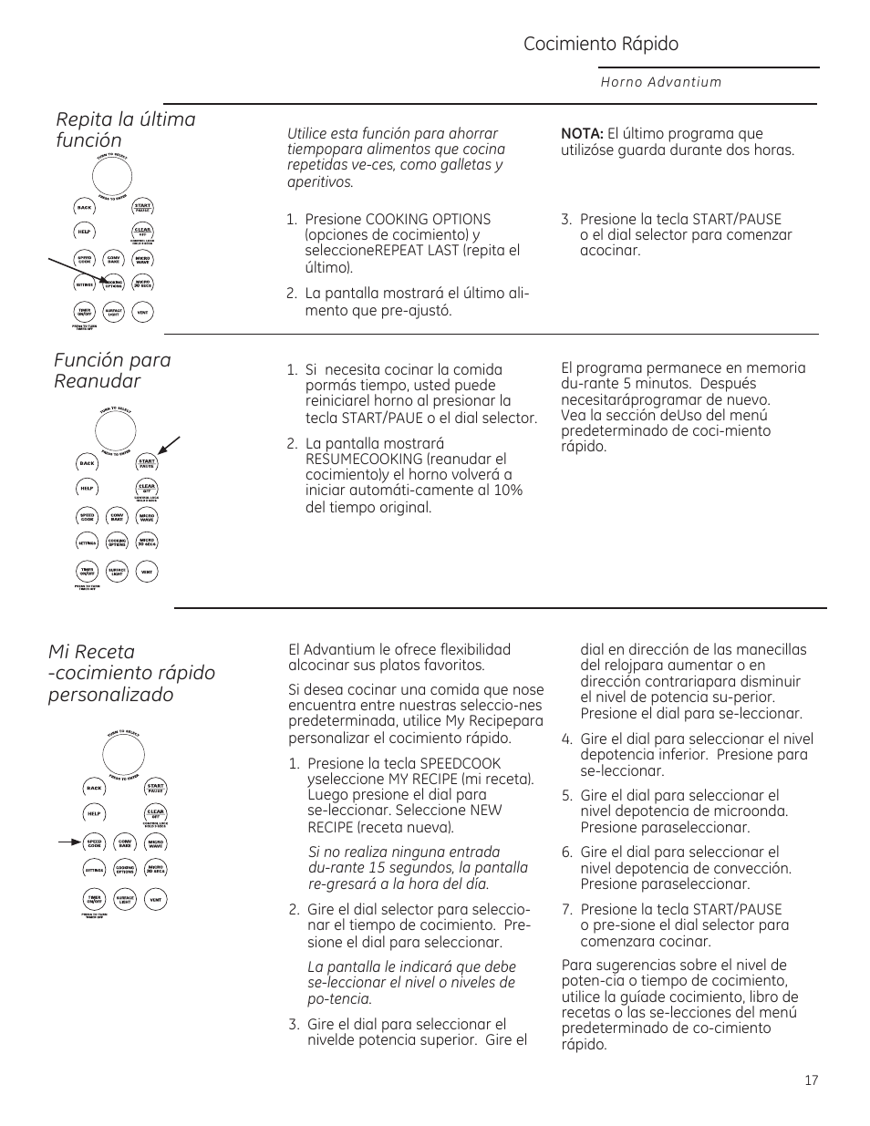 Repita la última función, Repite la última función, Cocimiento rápido | Función para reanudar, Mi receta -cacimienta rápida persanalizada, Horno advantium | GE ZSA2201RSS User Manual | Page 57 / 80