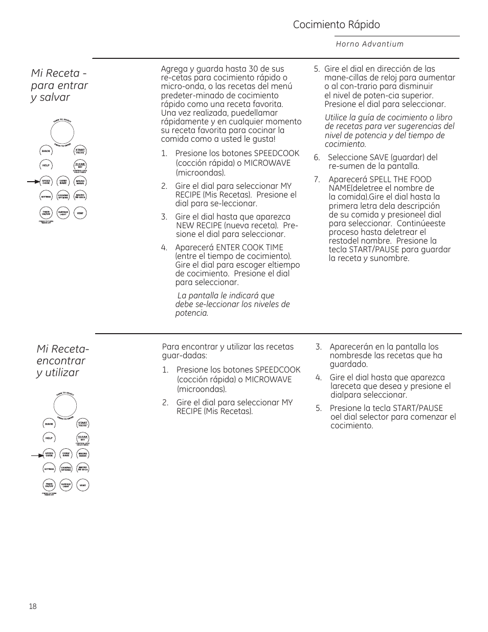 Cocimiento rápido, Mi receta - para entrar, Salvar | Mi receta- encantrar, Utilizar, Horno advantium | GE ZSA2201RSS User Manual | Page 58 / 80