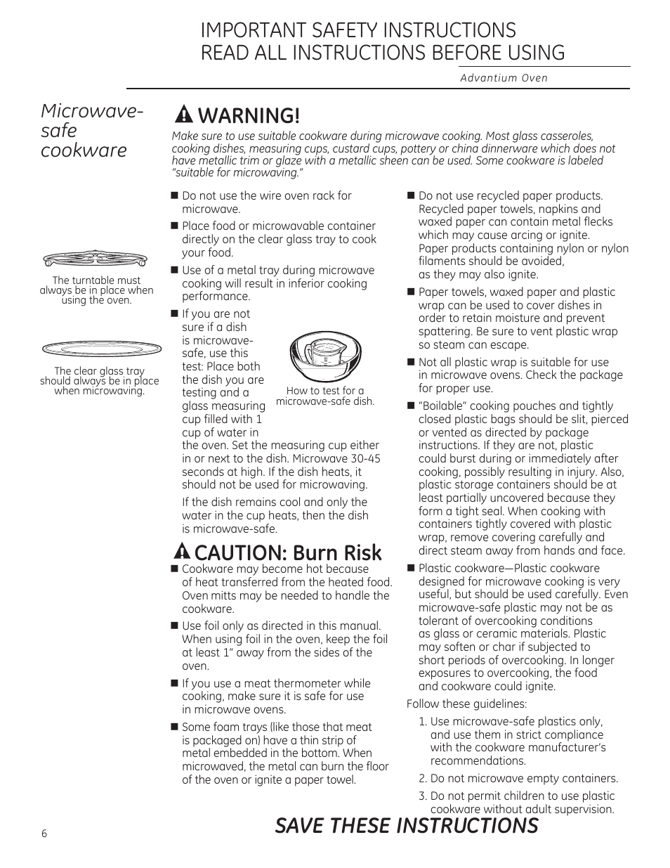 A warning, A caution: burn risk, Save these instructions | Microwove- sofe cookware a warning | GE ZSA2201RSS User Manual | Page 6 / 80