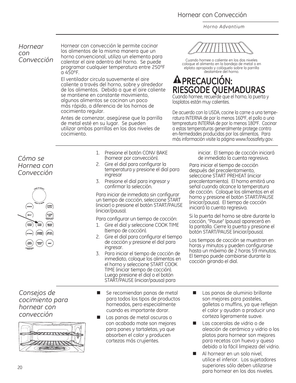 Hornear con convección, Aprecaución, Riesgode quemaduras | Hornear con convecció, Aución: riesgode quemaduras, Cómo se, Horneo con, Convección, Consejos de cocimiento poro hornear con convección | GE ZSA2201RSS User Manual | Page 60 / 80