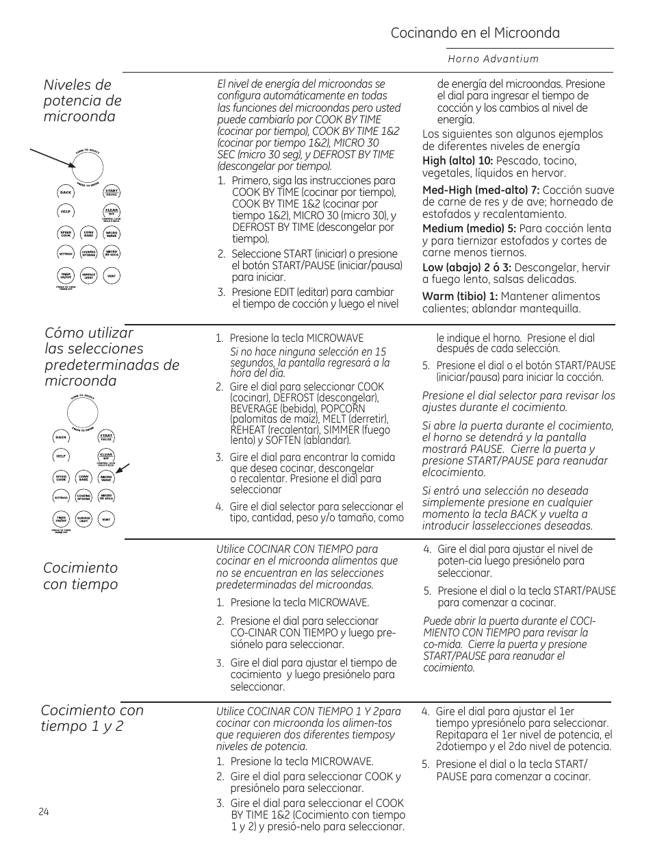 Cocinando en el microonda, Niveles de potencio de microonda, Cocimiento con tiempo | Cocimiento con tiempo ly 2 | GE ZSA2201RSS User Manual | Page 64 / 80