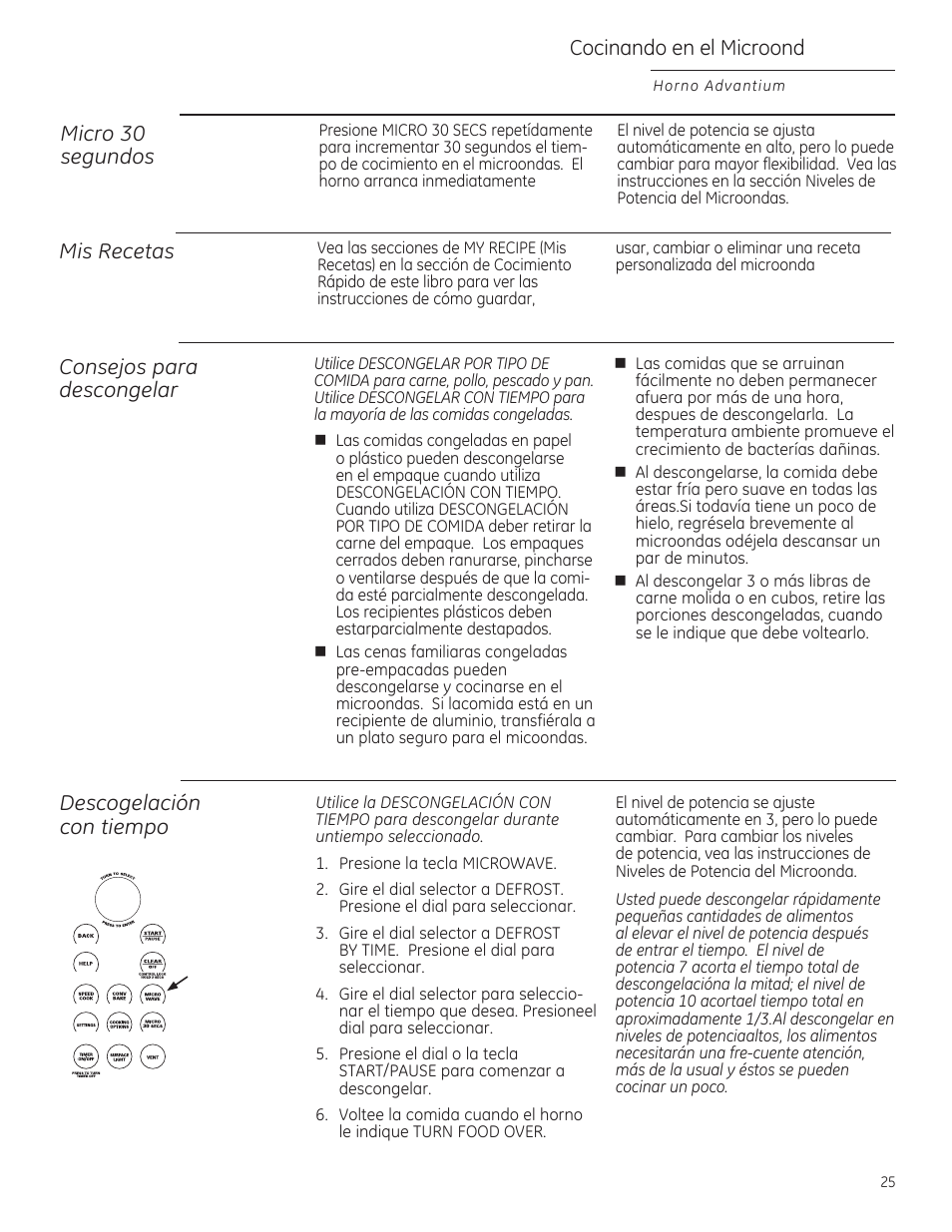 Descogeloción con tiempo, Cocinar con tiempo, Cocinando en el microond | Micro 30 segundos, Mis recetas, Consejos poro descongelar, 0°íí | GE ZSA2201RSS User Manual | Page 65 / 80