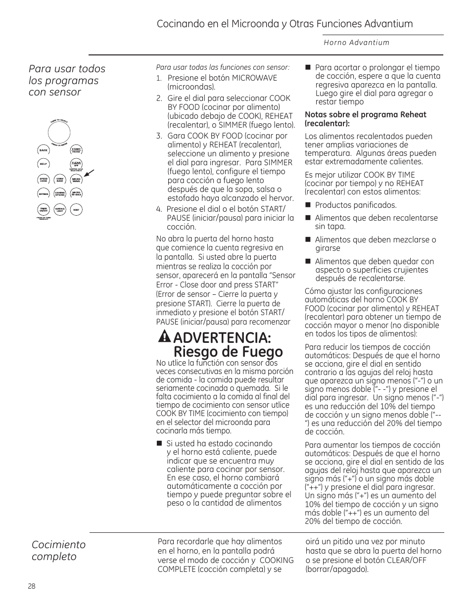 A advertencia: riesgo de fuego, Para usar tadas las pragramas can sensar, Cacimienta campleta | GE ZSA2201RSS User Manual | Page 68 / 80