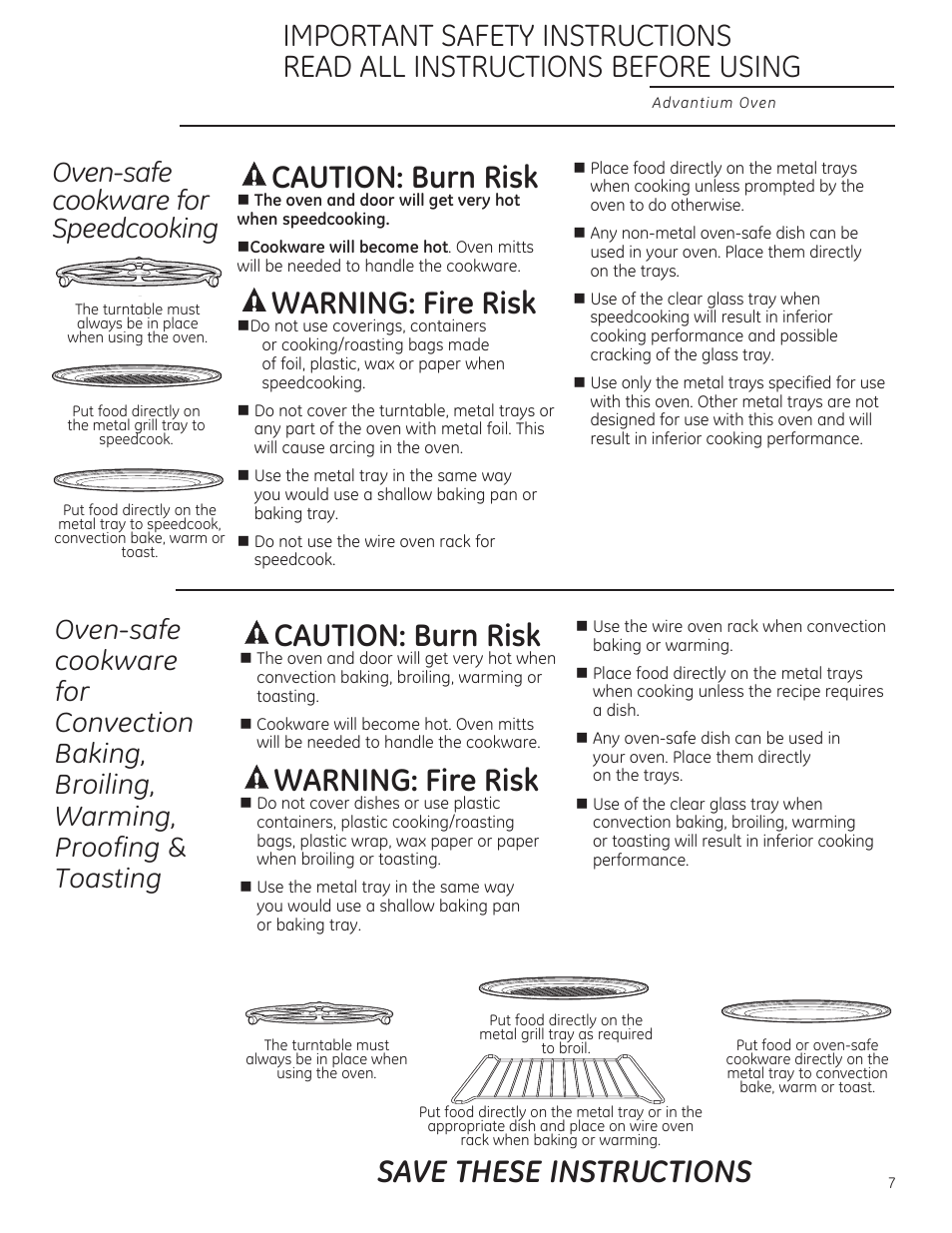 A caution: burn risk, A warning: fire risk, Awarning: fire risk | Save these instructions, Oven-sofe cookware for speedcooking, Toasting a caution: burn risk | GE ZSA2201RSS User Manual | Page 7 / 80