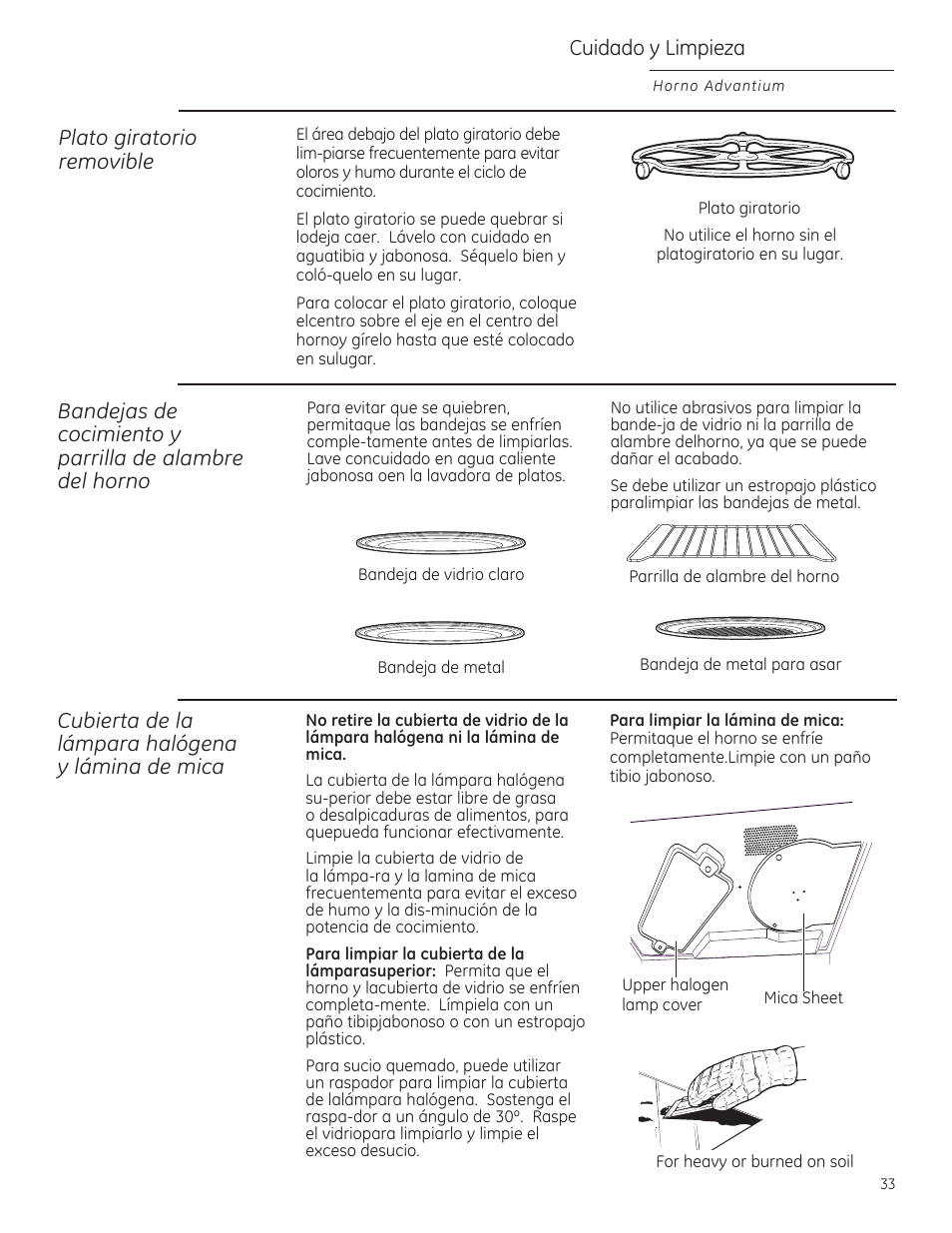 Cuidado у limpieza, Plato giratorio removible, Cubierta de la lámparo halógeno | Lámina de mica | GE ZSA2201RSS User Manual | Page 73 / 80