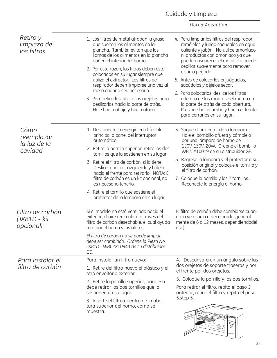 Cuidado y limpieza, Retiro y limpieza de los filtros, Cómo reemplazar lo luz de lo cavidad | GE ZSA2201RSS User Manual | Page 75 / 80