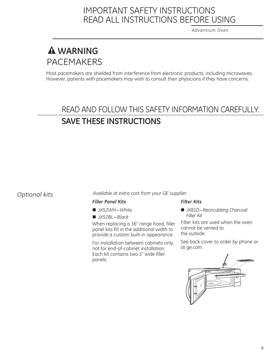 A warning, Filler panel kits filter kits, Pacemakers | GE ZSA2201RSS User Manual | Page 9 / 80