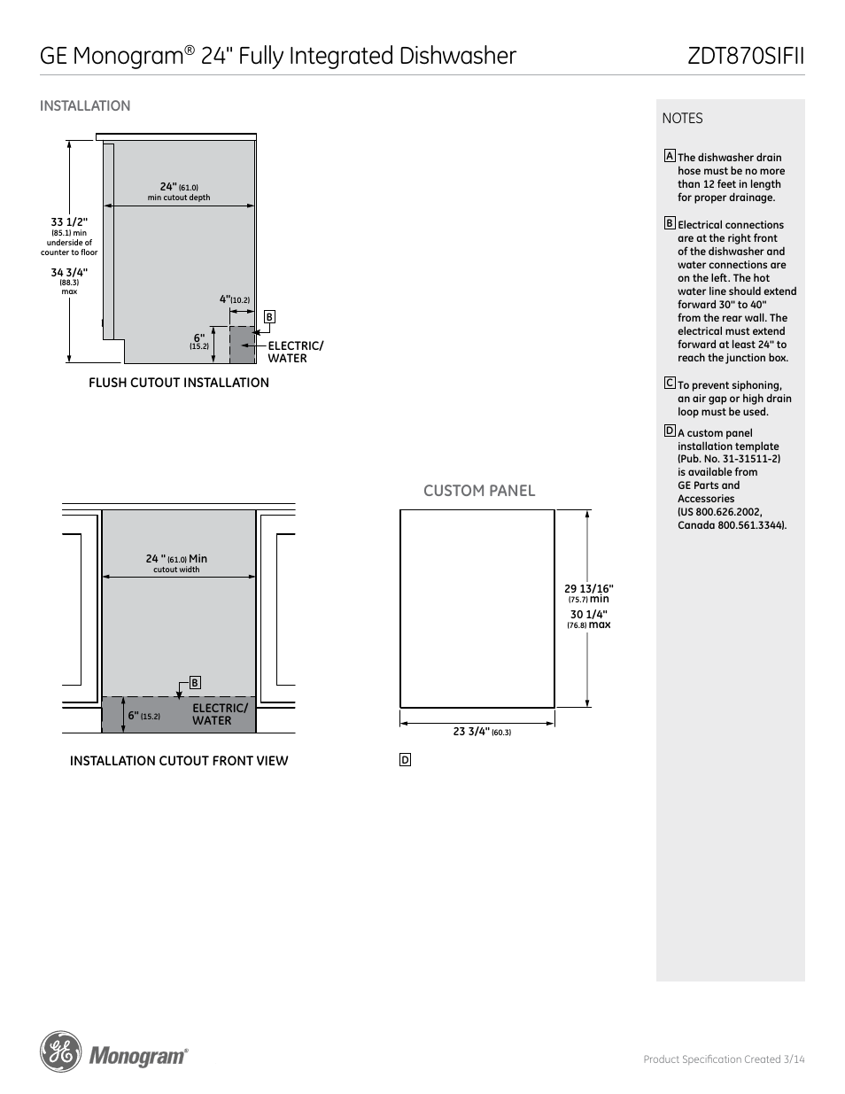 Ge monogram, 24" fully integrated dishwasher, Zdt870sifii | Custom panel | GE ZDT870SIFII User Manual | Page 2 / 4