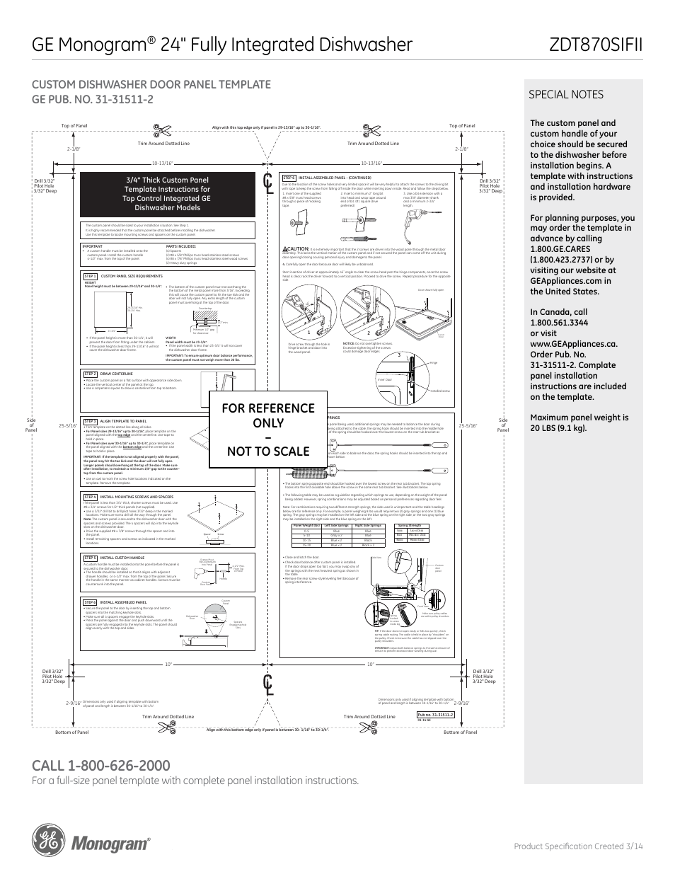Ge monogram, For reference only – not to scale, Product specification created 3/14 | GE ZDT870SIFII User Manual | Page 3 / 4