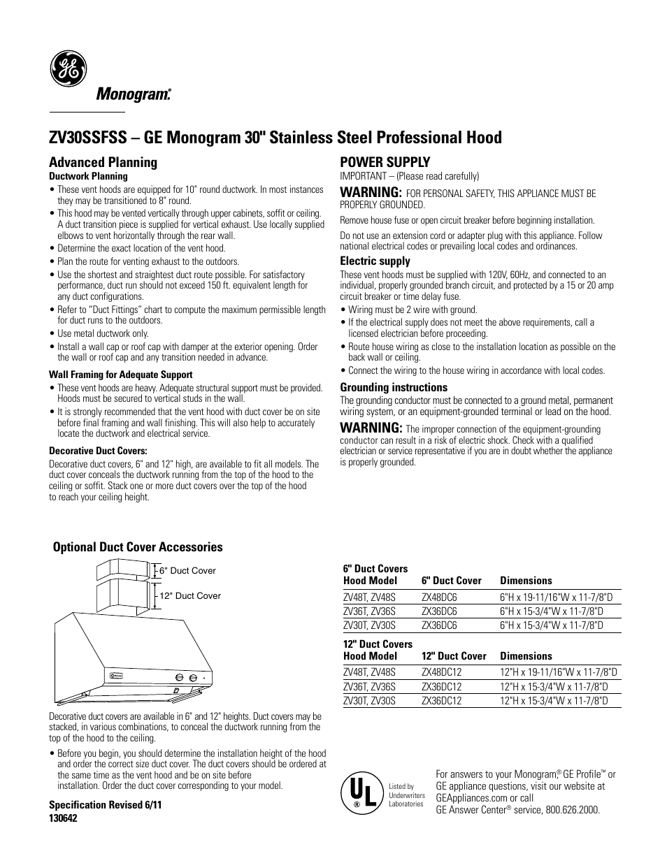 Advanced planning, Power supply, Warning | GE ZV30SSFSS User Manual | Page 2 / 4