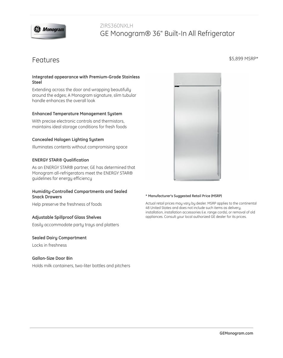 GE ZIRS360NXLH User Manual | 3 pages