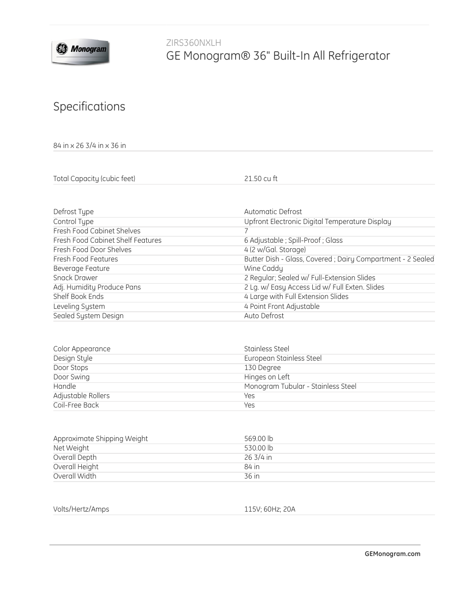 Ge monogram® 36" built-in all refrigerator, Specifications, Zirs360nxlh | GE ZIRS360NXLH User Manual | Page 2 / 3