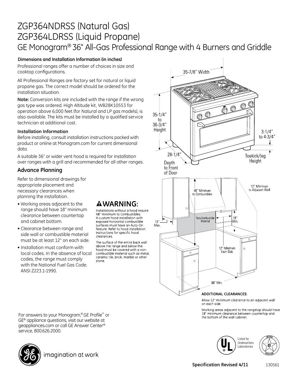 GE ZGP364LDRSS User Manual | 3 pages