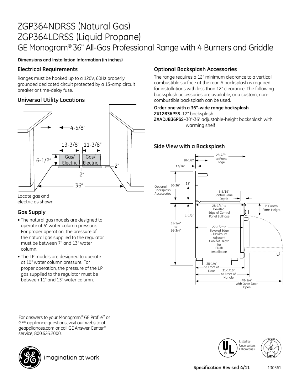 Ge monogram, Optional backsplash accessories, Gas supply | Universal utility locations | GE ZGP364LDRSS User Manual | Page 2 / 3
