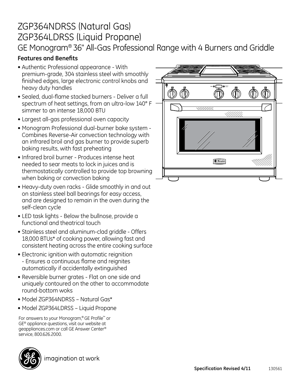 Ge monogram, Zdp364, Features and benefits | GE ZGP364LDRSS User Manual | Page 3 / 3