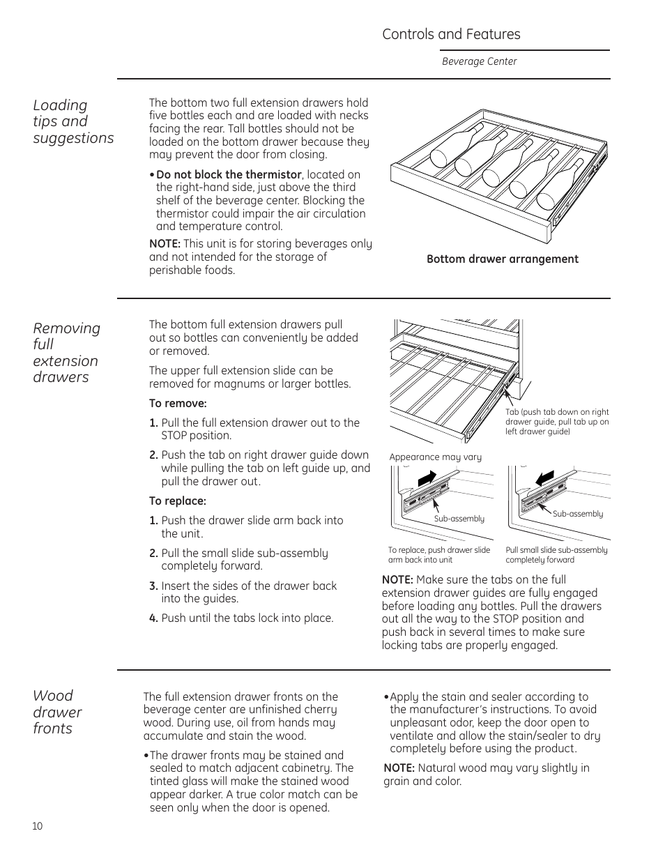 Controls and features, Loading tips and suggestions, Removing full extension drawers | Wood drawer fronts | GE ZDBI240WII User Manual | Page 10 / 20