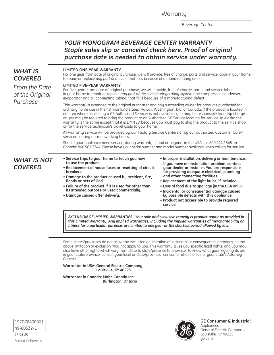 Warranty, What is not covered | GE ZDBI240WII User Manual | Page 20 / 20