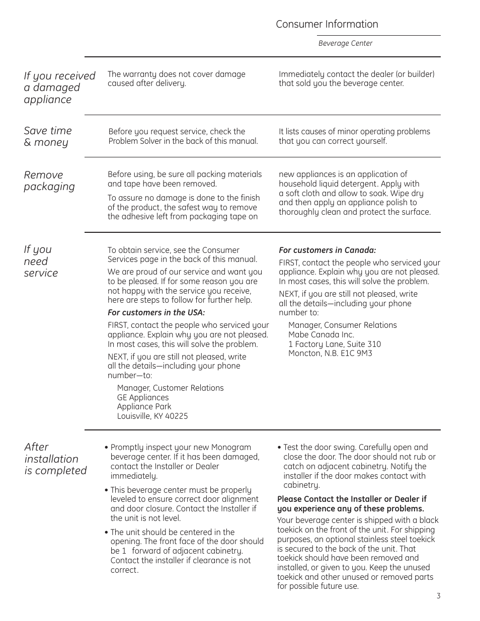 Repair service, Repair service , 19, If you received a damaged appliance | If you need service, Consumer information, After installation is completed, Remove packaging, Save time & money | GE ZDBI240WII User Manual | Page 3 / 20