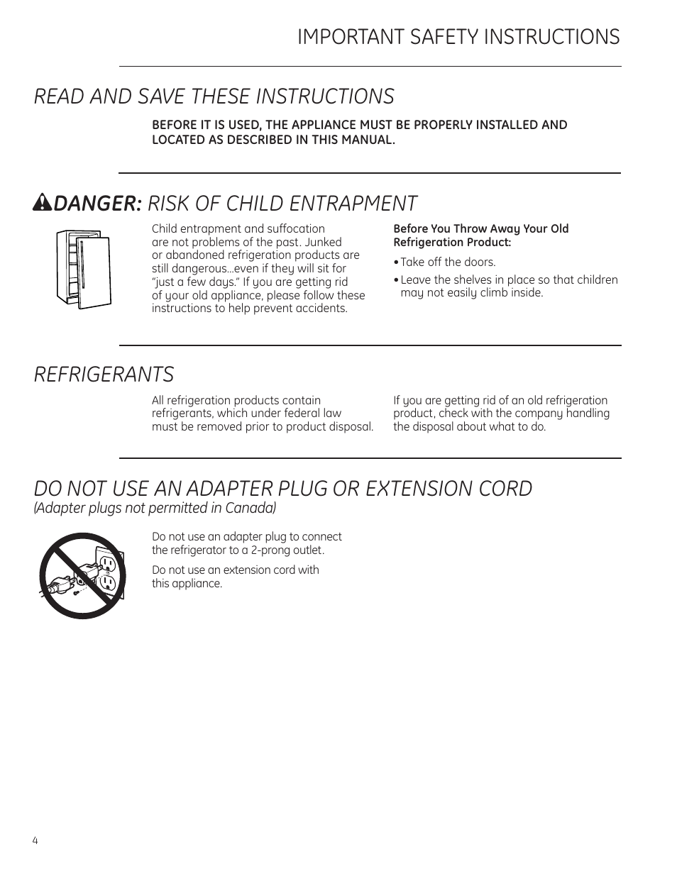 Safety instructions, Safety instructions –7, Refrigerants | Wdanger: risk of child entrapment, Do not use an adapter plug or extension cord | GE ZDBI240WII User Manual | Page 4 / 20