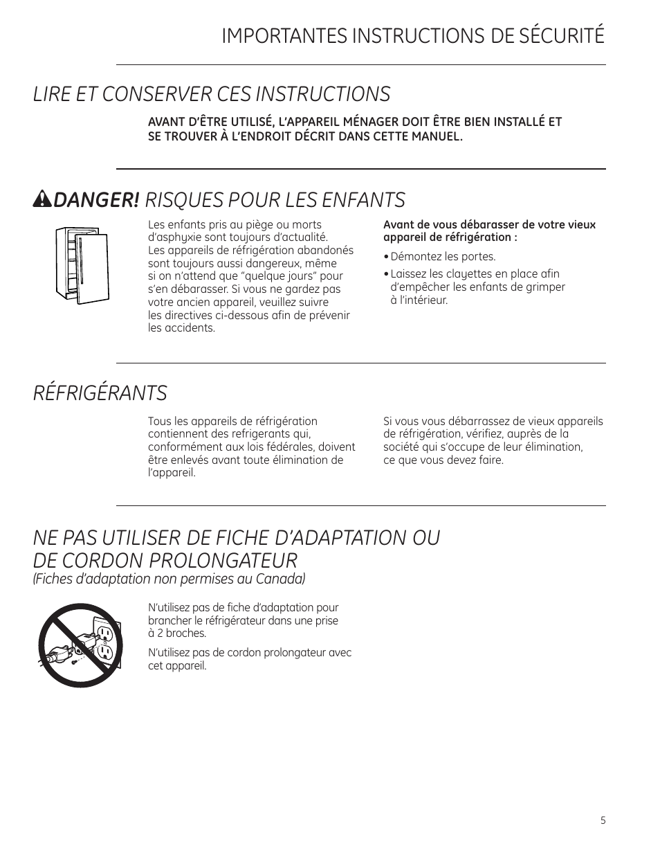 Wdanger! risques pour les enfants, Réfrigérants | GE ZDBI240WII User Manual | Page 5 / 20