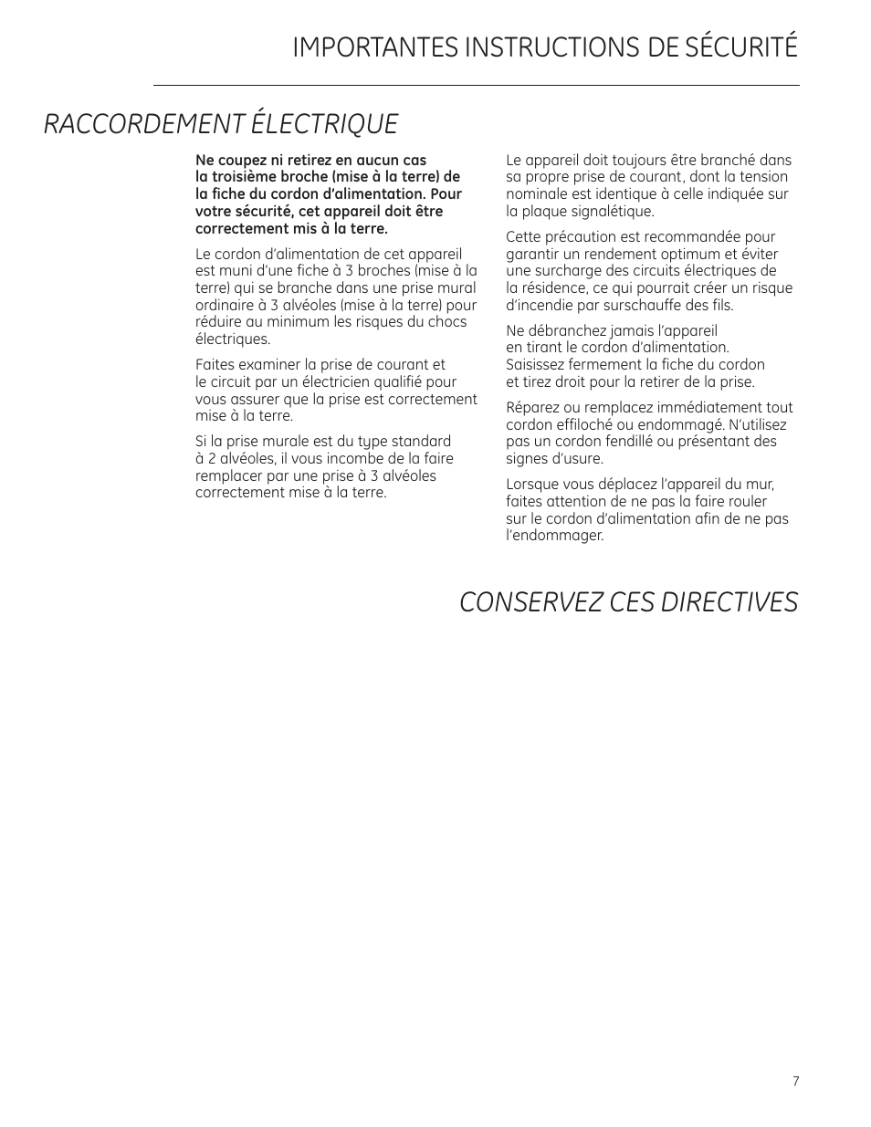 Raccordement électrique | GE ZDBI240WII User Manual | Page 7 / 20