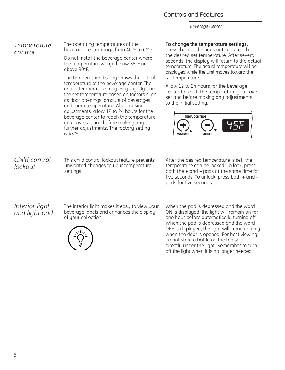 Controls and features, Controls and features –10 | GE ZDBI240WII User Manual | Page 8 / 20