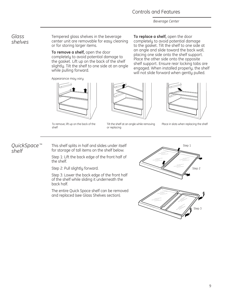 Controls and features, Glass shelves, Quickspace | Shelf | GE ZDBI240WII User Manual | Page 9 / 20