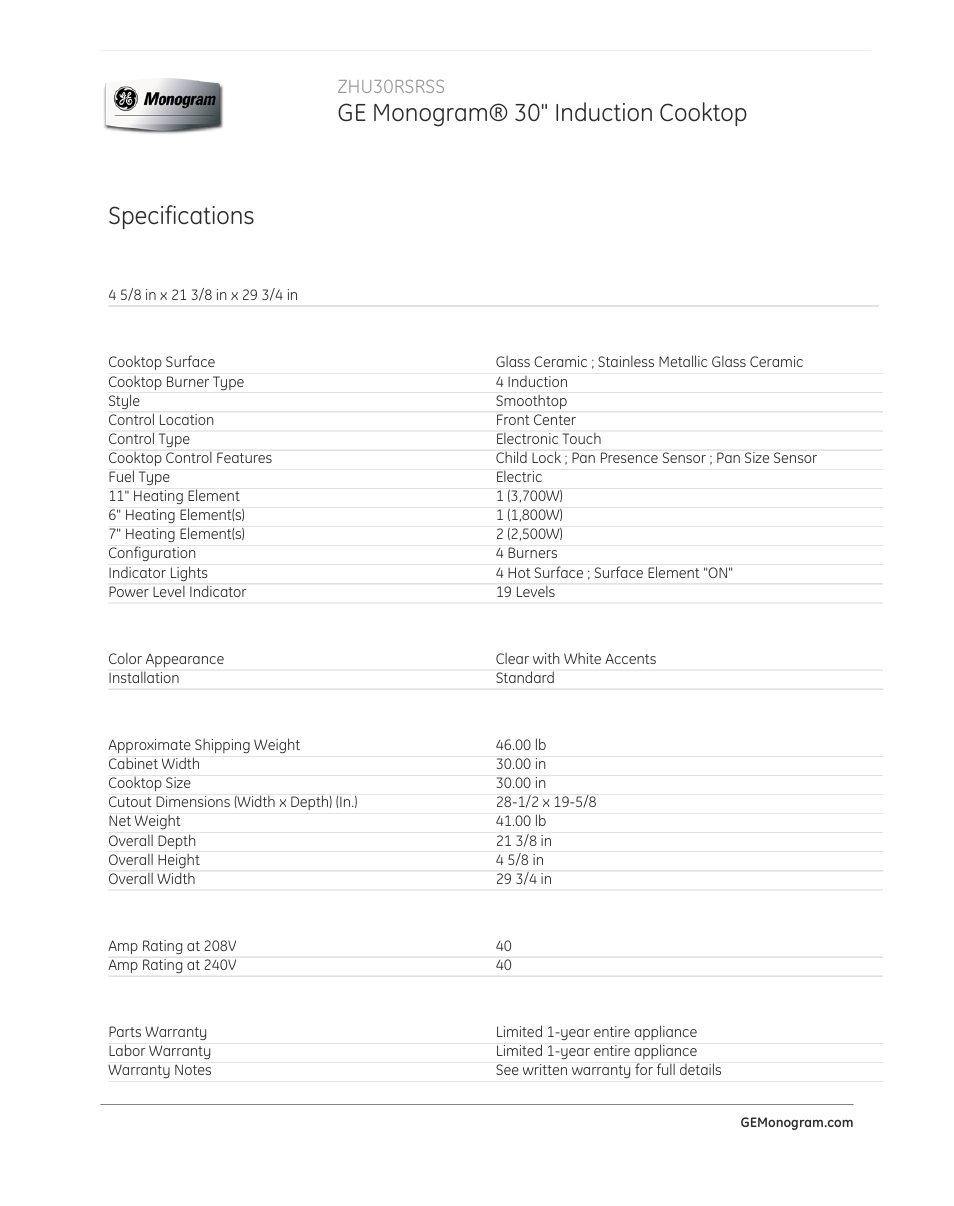 Ge monogram® 30" induction cooktop, Specifications, Zhu30rsrss | GE ZHU30RSRSS User Manual | Page 3 / 3