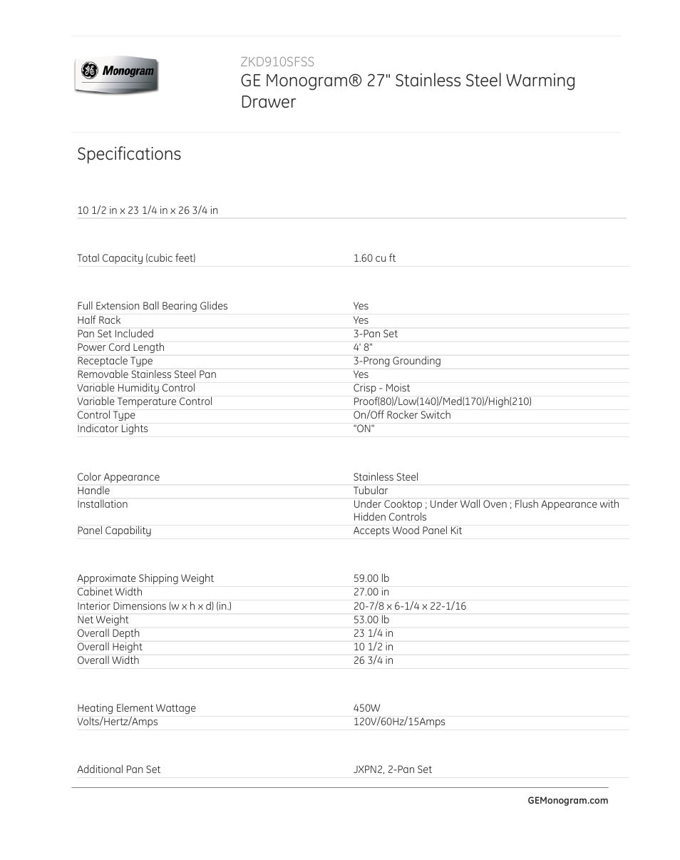 Ge monogram® 27" stainless steel warming drawer, Specifications | GE ZKD910SFSS User Manual | Page 2 / 3