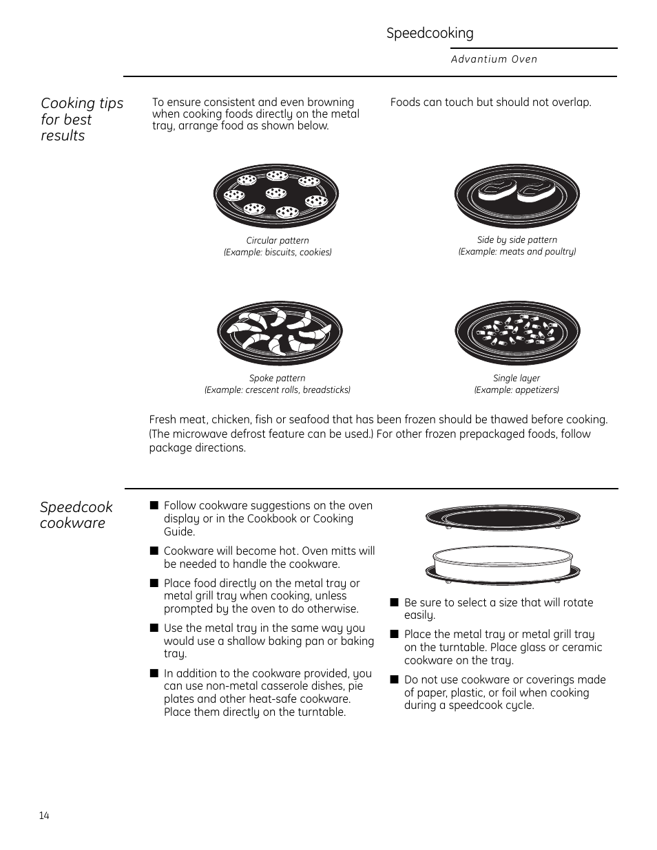 Cooking tips, Speedcook cookware, Speedcooking | Cooking tips for best results | GE ZSC2202NSS User Manual | Page 14 / 40