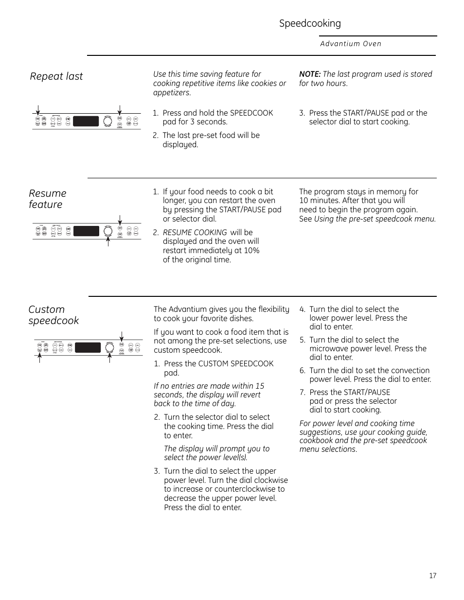 Custom speedcook, Repeat last, Resume feature | Repeat last resume feature, Speedcooking | GE ZSC2202NSS User Manual | Page 17 / 40