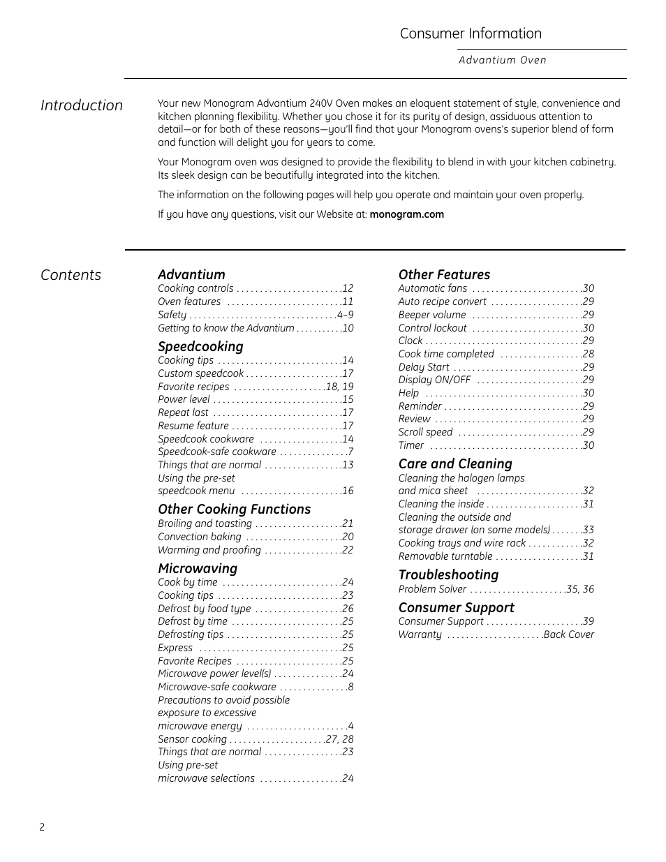 Advantium, Speedcooking, Other cooking functions | Microwaving, Other features, Care and cleaning, Troubleshooting, Consumer support, Consumer information, Introduction | GE ZSC2202NSS User Manual | Page 2 / 40
