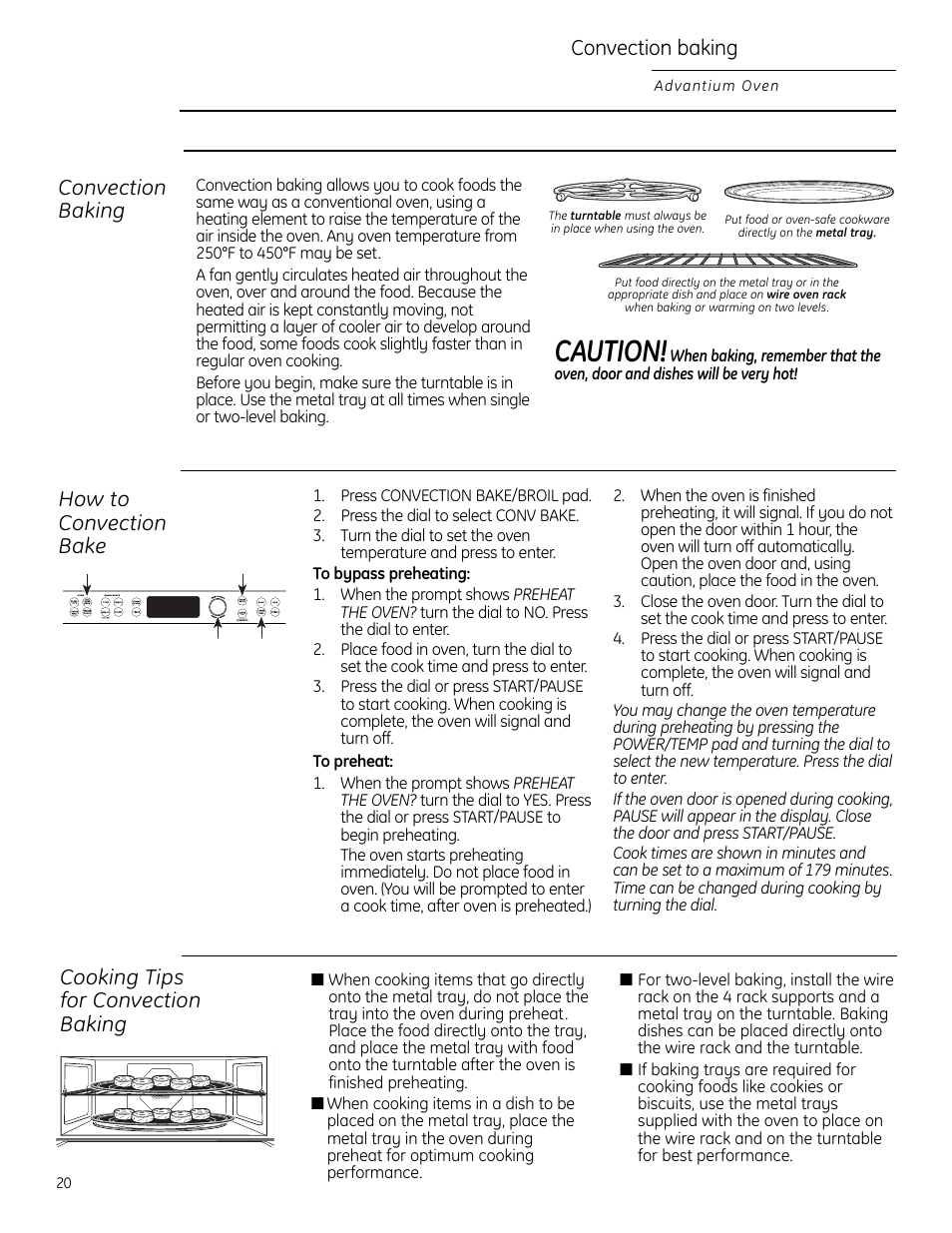 Convection baking, Caution, How to convection bake | GE ZSC2202NSS User Manual | Page 20 / 40