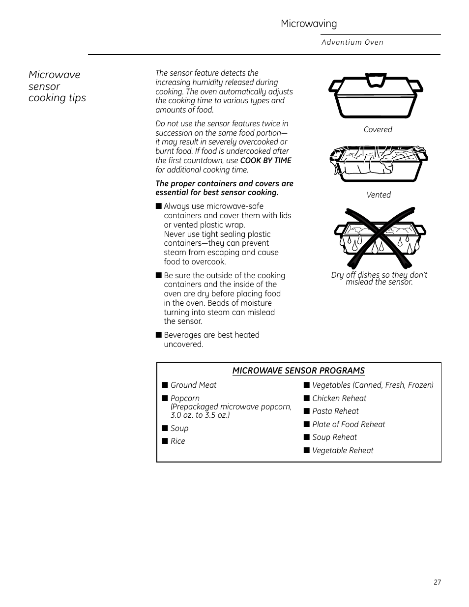 Sensor cooking, Sensor cooking , 28, Microwaving | Microwave sensor cooking tips | GE ZSC2202NSS User Manual | Page 27 / 40