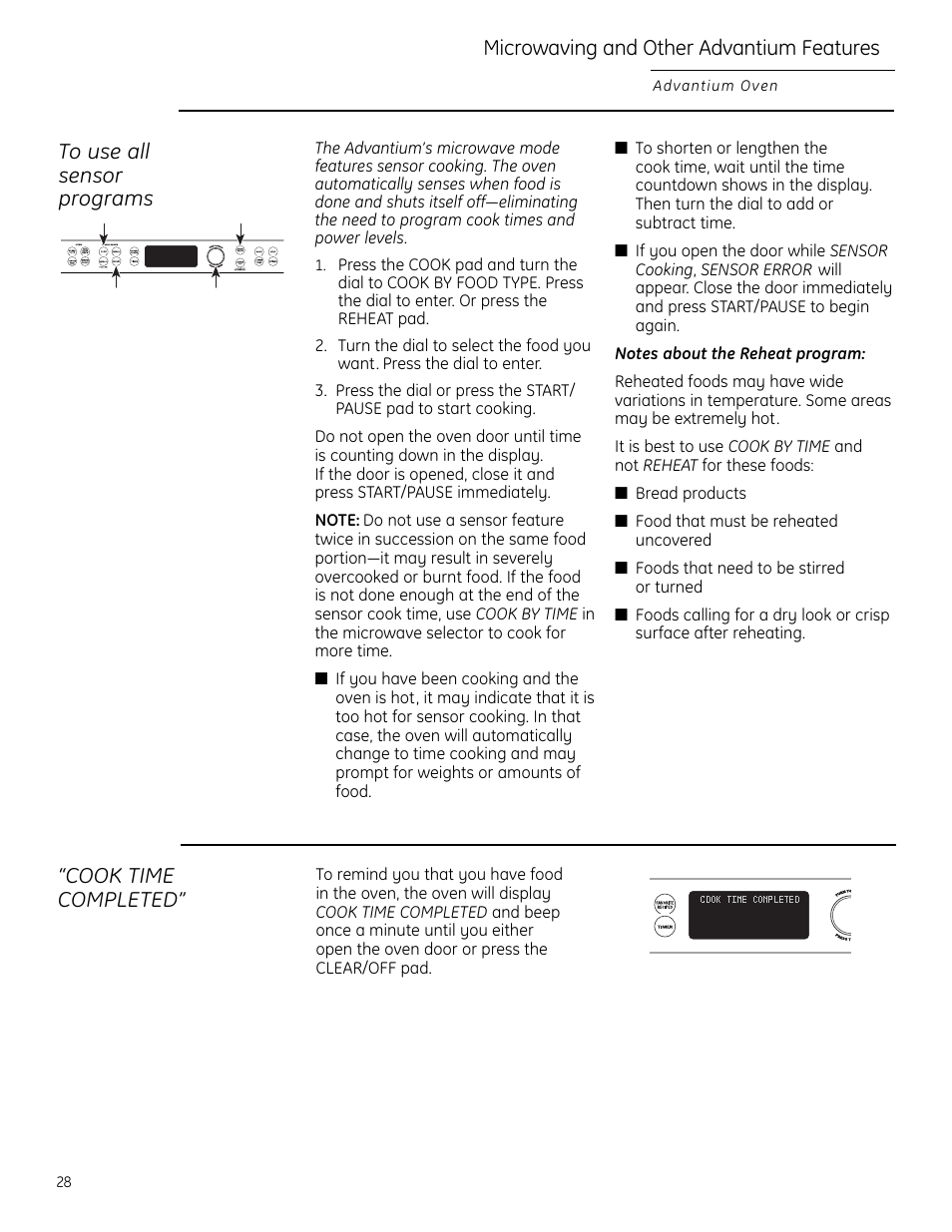 Cook time completed, Microwaving and other advantium features | GE ZSC2202NSS User Manual | Page 28 / 40