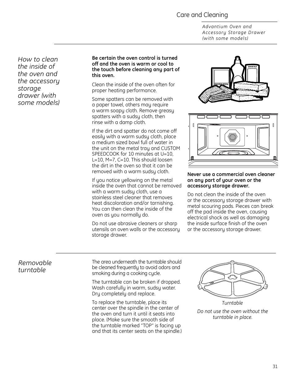Cleaning the inside, Removable turntable, Care and cleaning | GE ZSC2202NSS User Manual | Page 31 / 40